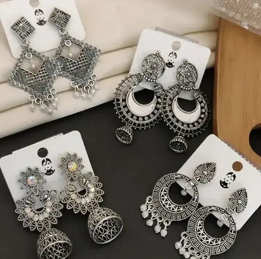 4 Pair Oxidised Silver Earrings 